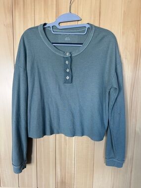 American Eagle Outfitters Waffle Henley Long Sleeve Top - Teal
